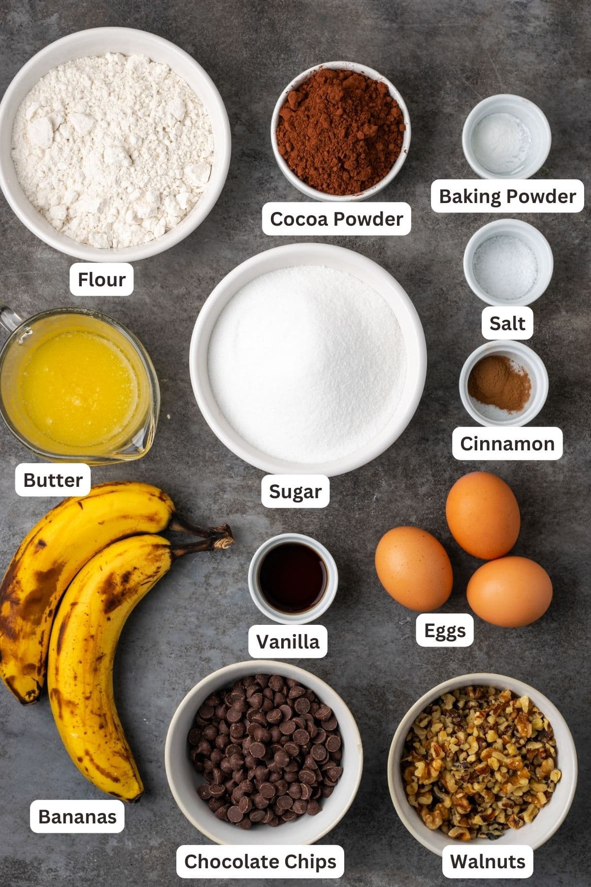 Ingredients for banana bread brownies with text labels overlaying each ingredient.