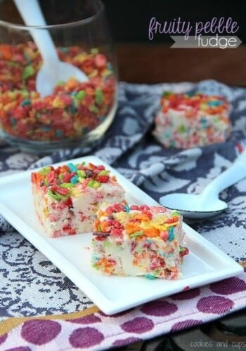 Plate with two pieces of fruity pebbles fudge