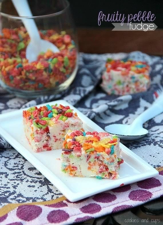 Plate with two pieces of fruity pebbles fudge