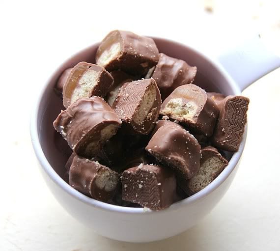 Chopped Twix bars in a bowl