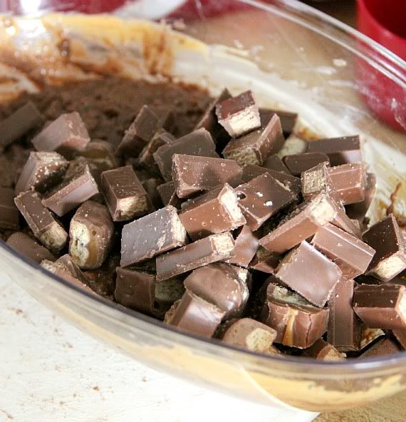 Chopped Kit Kat bars in a bowl