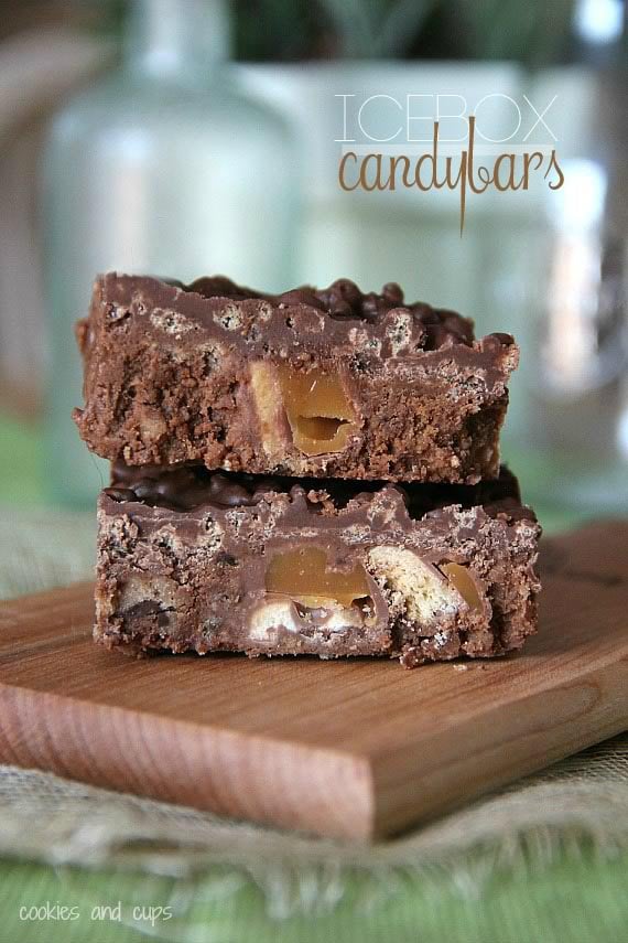 Two Icebox Candy Bars stacked on a wooden board