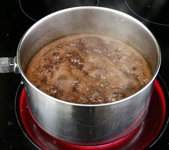 Bubbling homemade caramel sauce in a saucepan