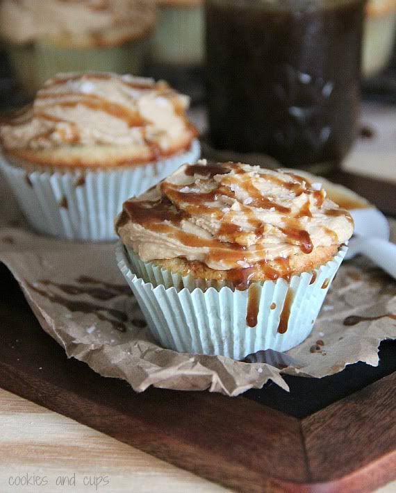 Two salted caramel cupcakes on a plate