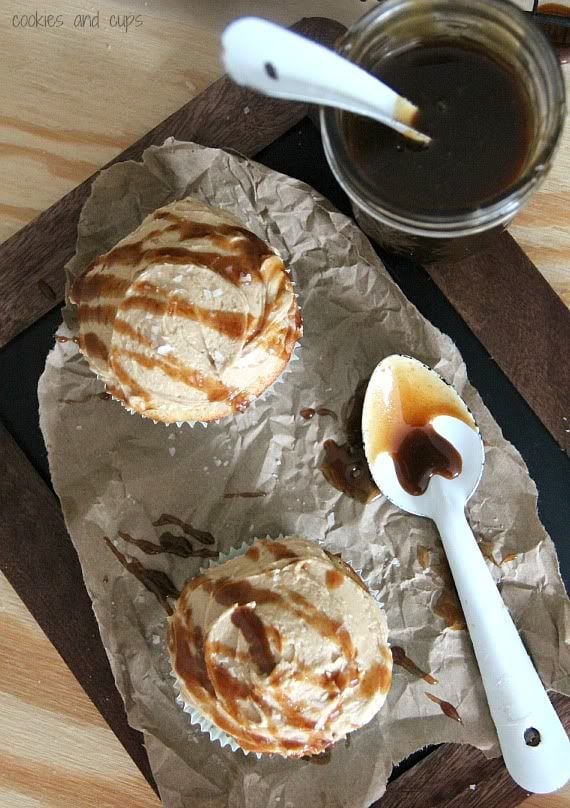Top view of cupcakes with salted caramel drizzle