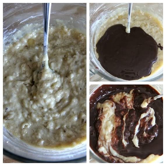 A collage of three photos of banana bread brownie batter