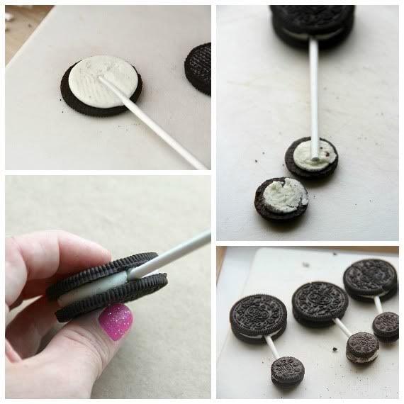 A collage of oreos and mini oreos on lollipop sticks to look like a baby rattle