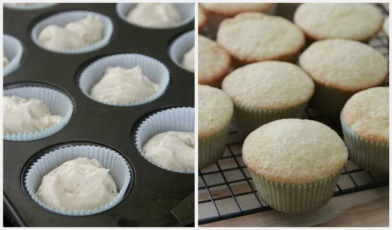 A collage of two images of cupcakes before and after baking