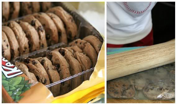 A collage of a package of store-bought chocolate chip cookies and cookies being crushed with a rolling pin