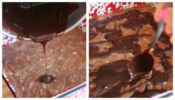 A collage of two photos of banana bread brownie batter in a baking pan with chocolate drizzled on top