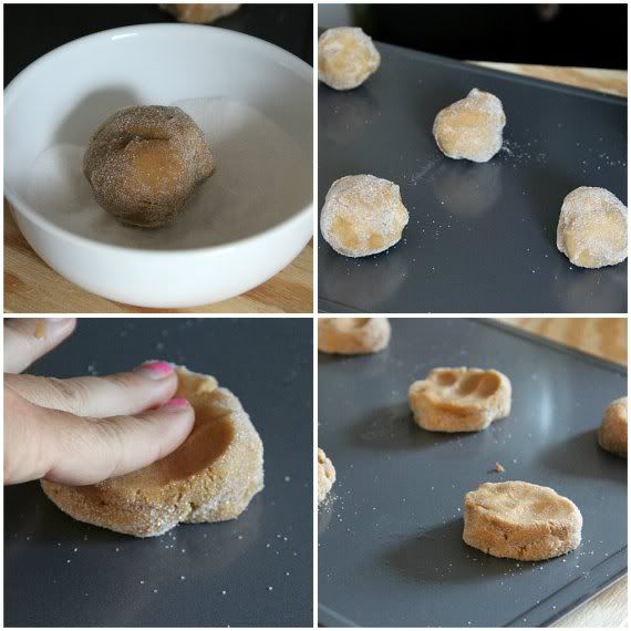 A collage of 4 photos showing the steps of rolling and shaping peanut butter blossom cookie dough