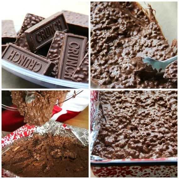 A collage of Nestle Crunch bars and melted chocolate mixture in a foil-lined pan