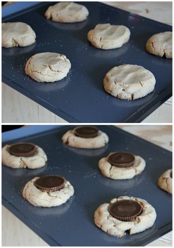 A collage of 2 photos of peanut butter cookies and peanut butter cookies with a peanut butter cup in the middle