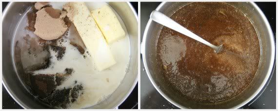 A collage of two photos of butter and brown sugar melting in a saucepan