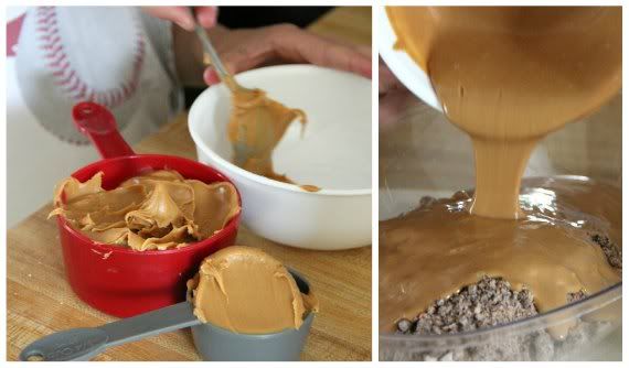 Peanut butter in measuring cups and melted peanut butter being poured over crushed cookie mixture