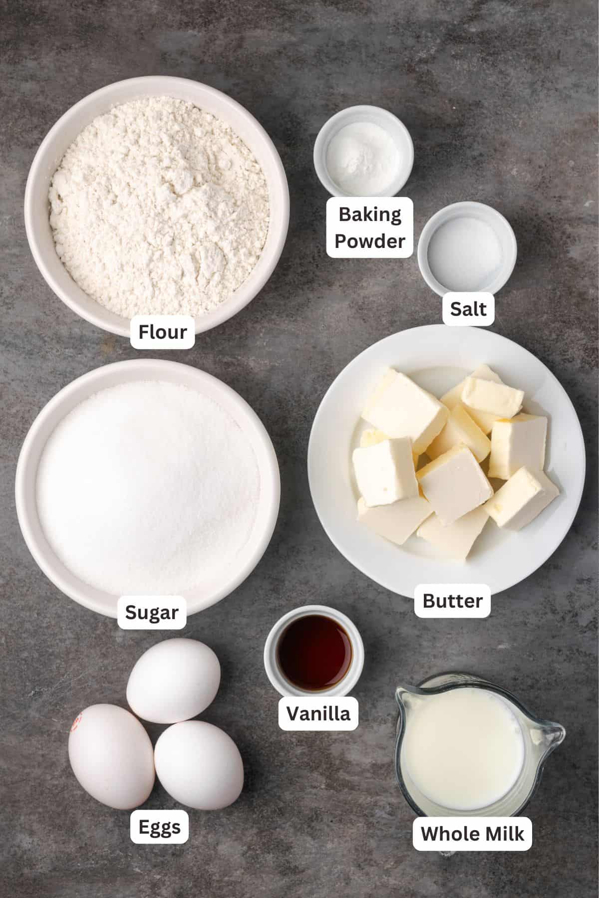 Vanilla cupcake ingredients with text labels overlaying each ingredient.