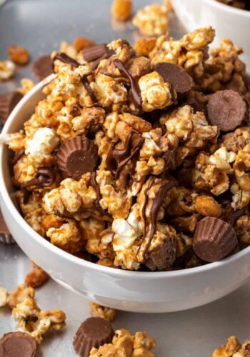Peanut butter popcorn in a white bowl.