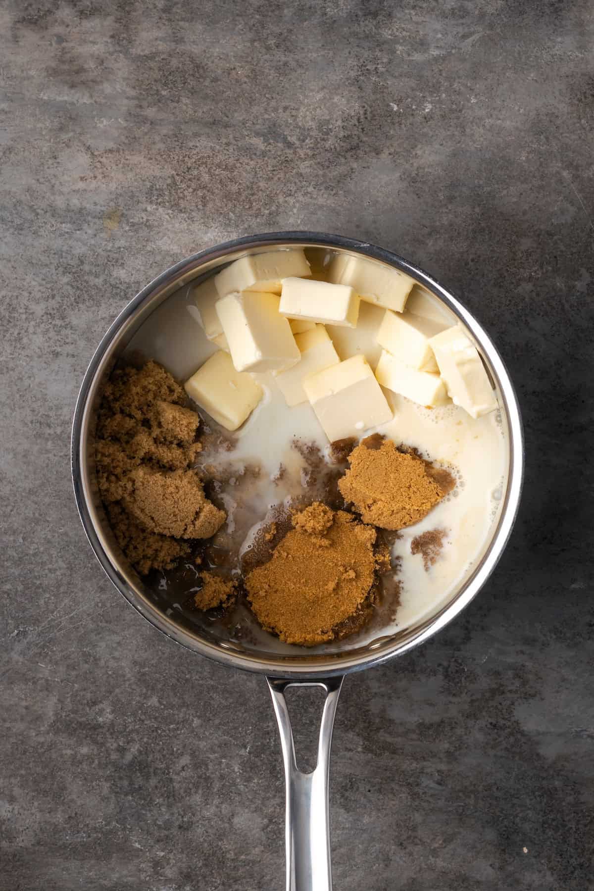 Caramel ingredients combined in a saucepan.