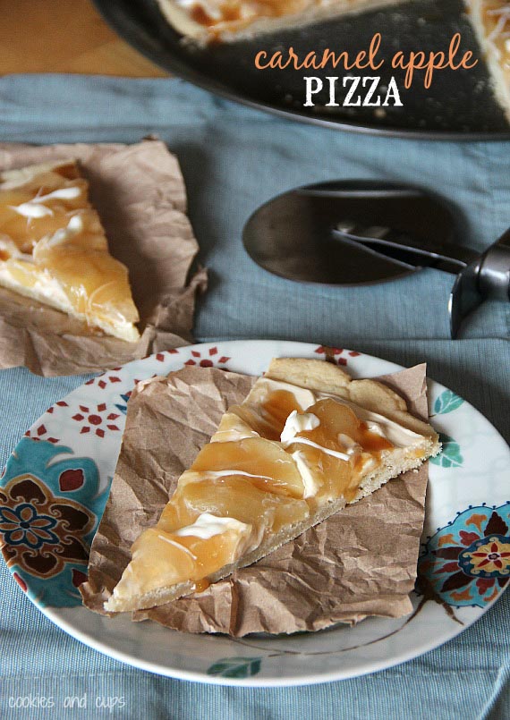 A slice of caramel apple pizza on a plate