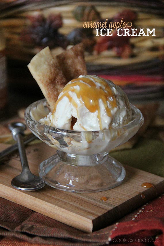 A scoop of Caramel Apple Ice cream in a clear glass dessert dish