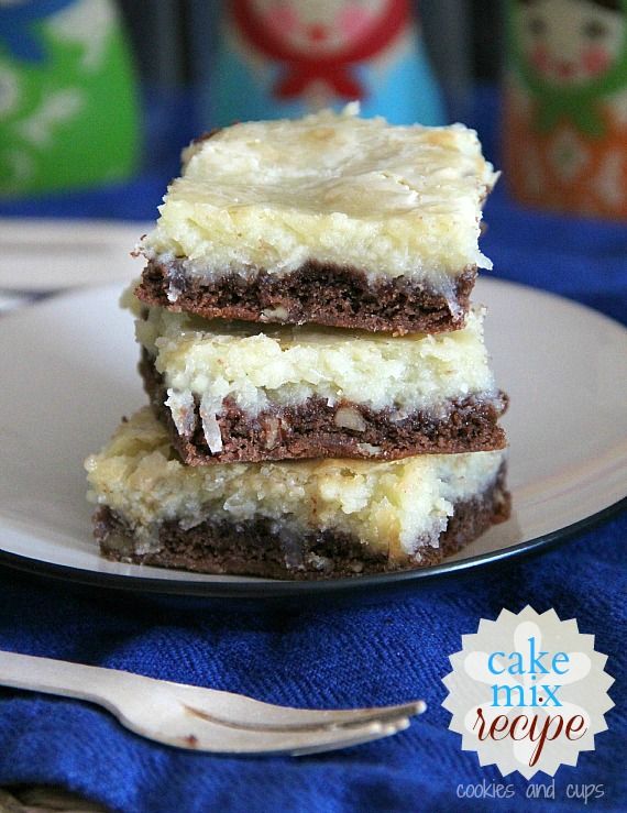 A stack of German Chocolate Cream Cheese snack cake bars on a plate