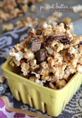 Peanut Butter Cup Popcorn in a yellow carton