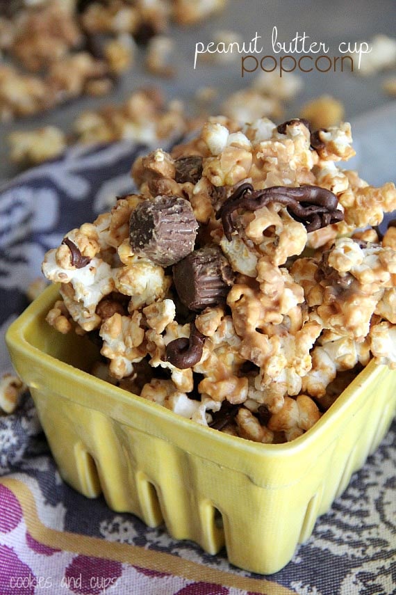 Peanut Butter Cup Popcorn in a yellow carton