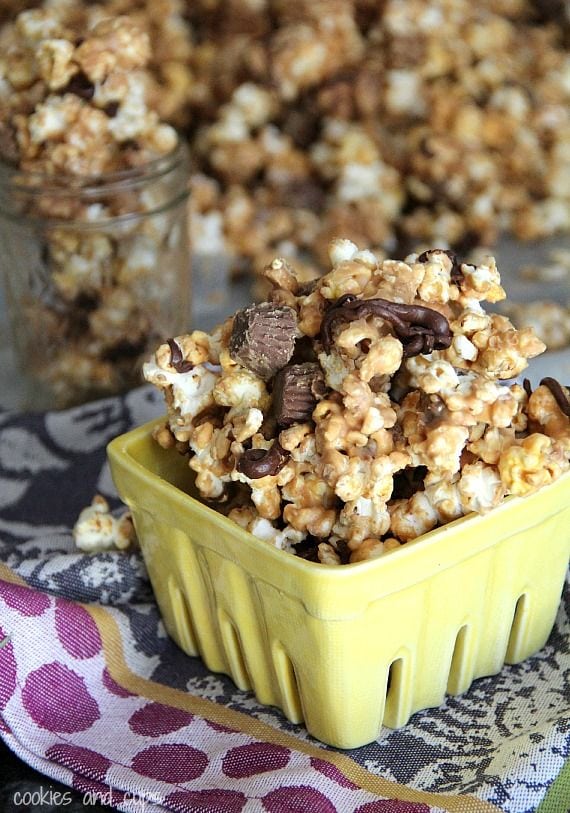 Peanut butter cup popcorn in a yellow carton
