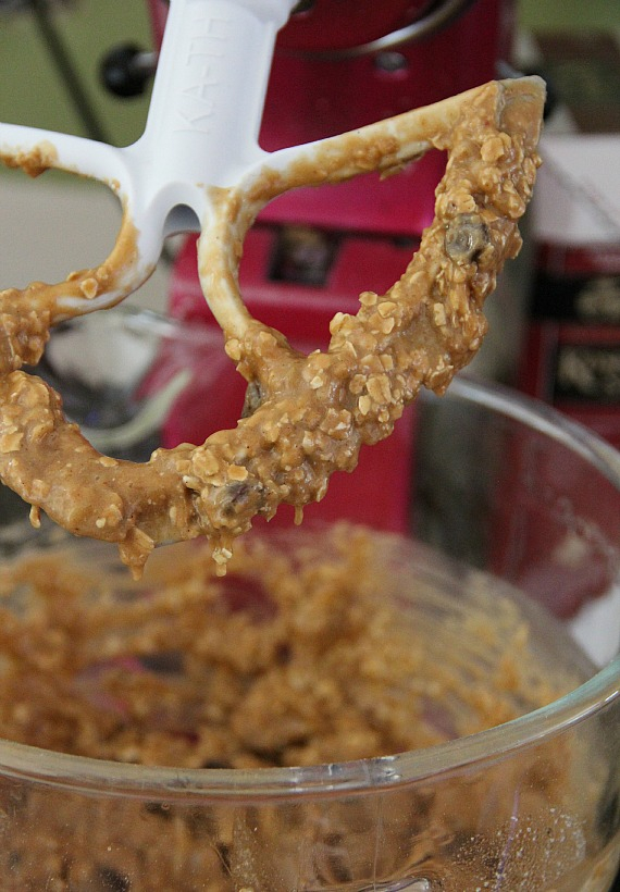 Banana chocolate chip cookie batter in a stand mixer bowl