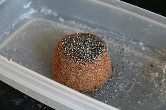 A scoop of dark brown sugar in a plastic container