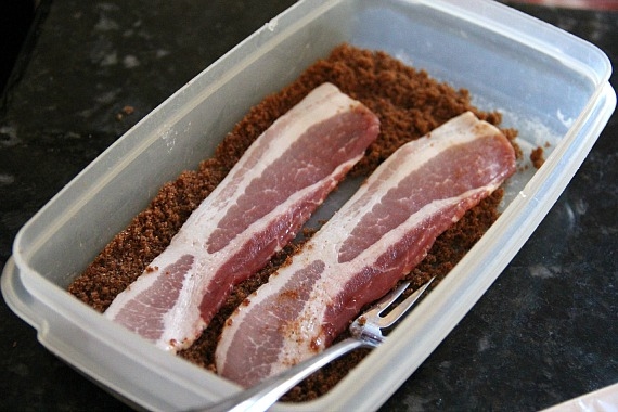 Two raw bacon strips in a shallow container of dark brown sugar