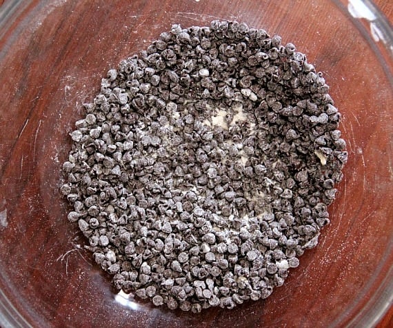 A bowl of chocolate chips dusted with flour