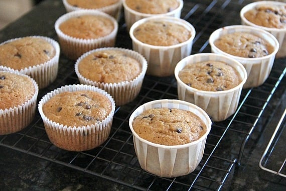 Banana chocolate chip cupcakes on a cooling rack