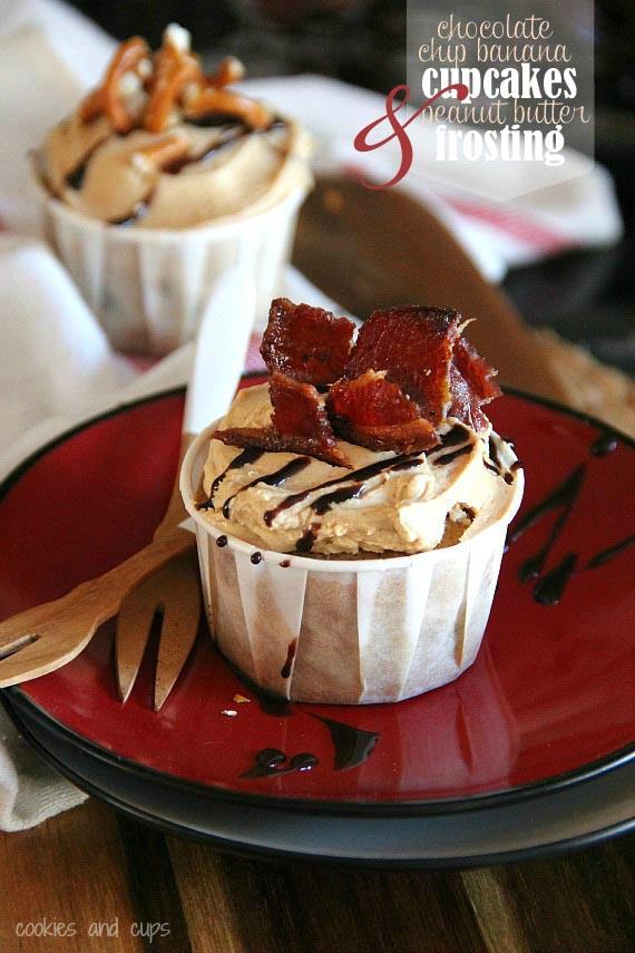 A chocolate chip banana cupcake topped with peanut butter frosting and bacon pieces