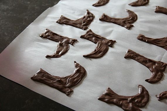 Witch boots made of chocolate on parchment paper