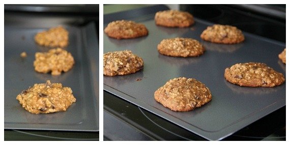 Collage of two photos of banana bread cookies on baking sheets