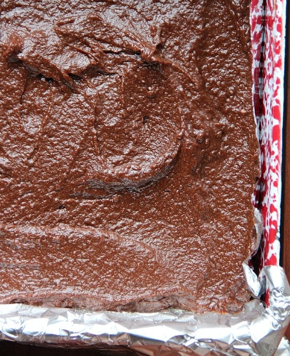 Top view of pumpkin brownie batter in a baking pan