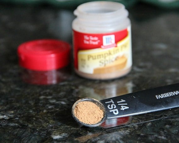 Pumpkin pie spice resting on a countertop in a 1/4 tsp. measuring spoon.