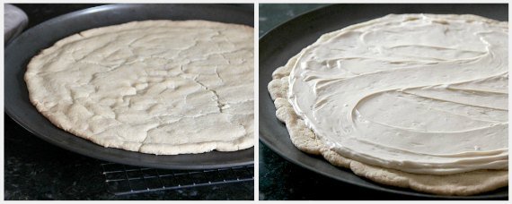 Collage of two images of a giant sugar cookie and a giant sugar cookie spread with cream cheese frosting mixture