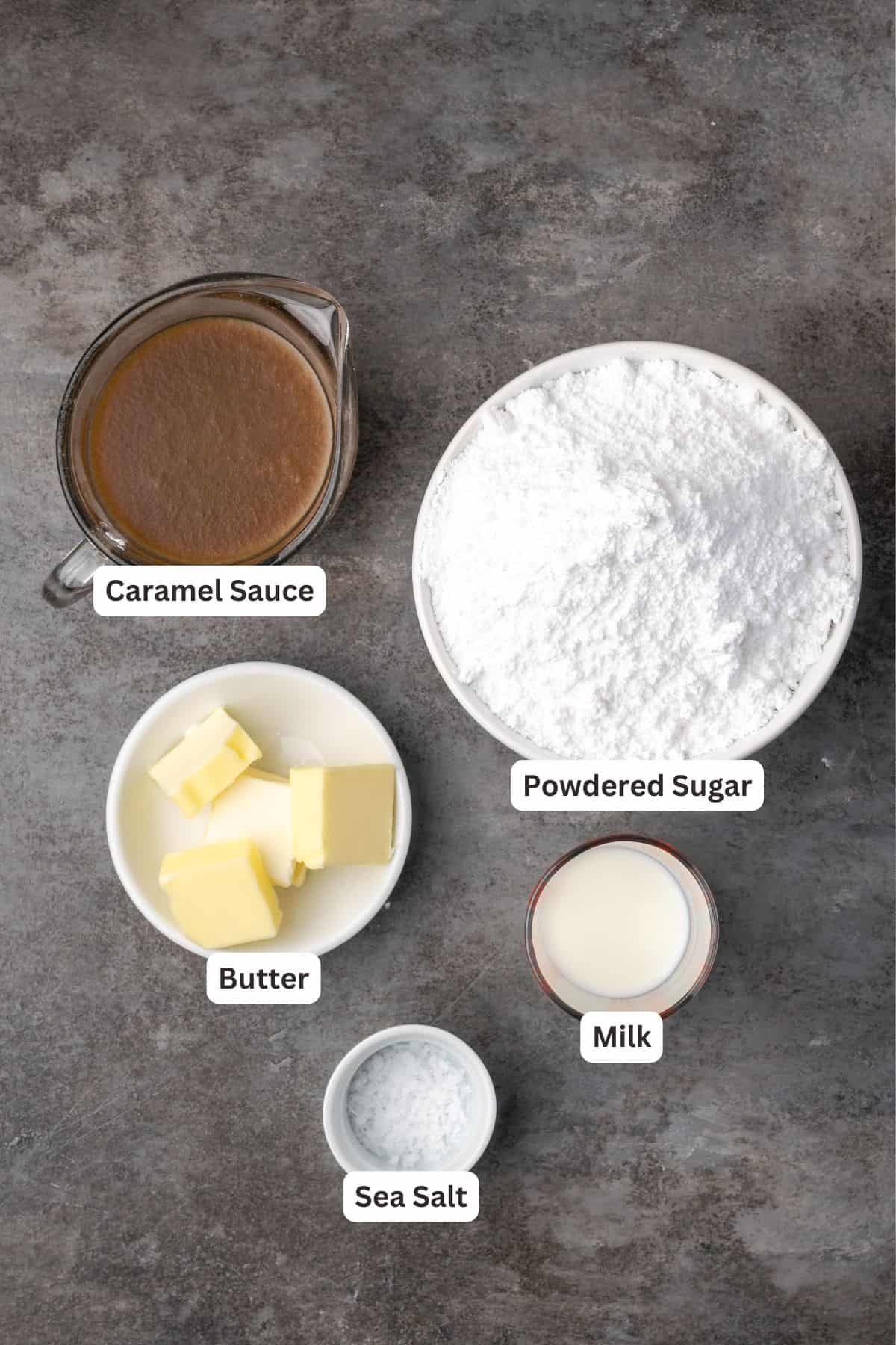 Caramel frosting ingredients with text labels overlaying each ingredient.