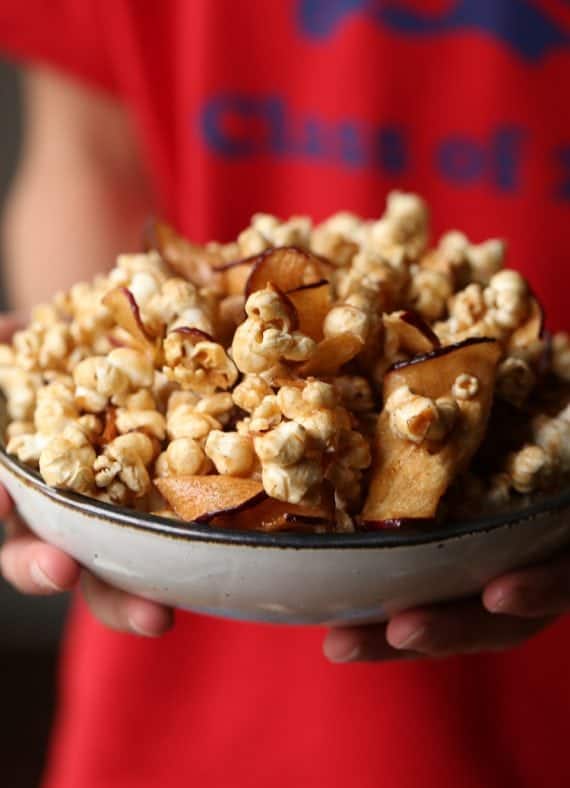 Image of My Son Holding a Bowl of Caramel Apple Popcorn