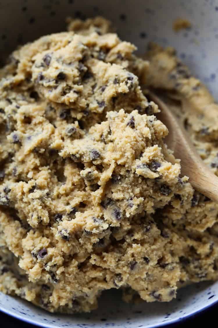 Cookie dough in a mixing bowl.