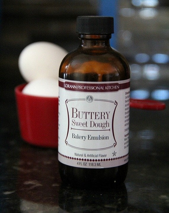 A brown glass bottle of Buttery Sweet Dough bakery emulsion