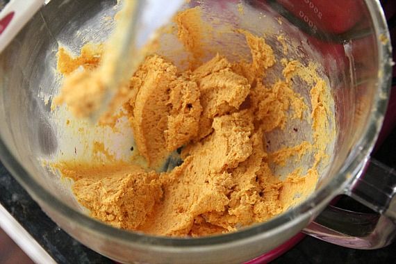 Pumpkin shortbread batter in a mixing bowl