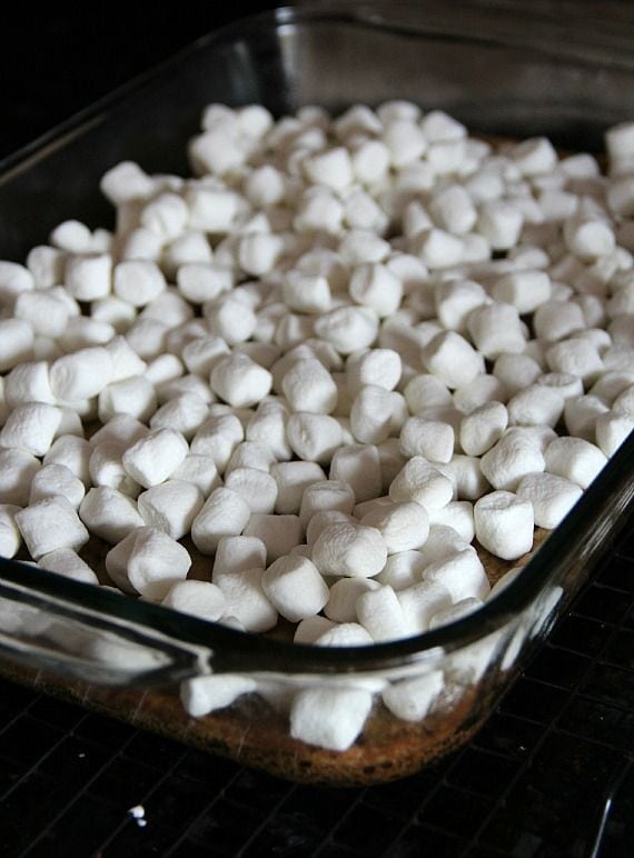 Mini marshmallows on top of chocolate chip cookie bars in a 9x13 pan