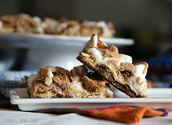 Two peanut butter pretzel bars arranged on a plate