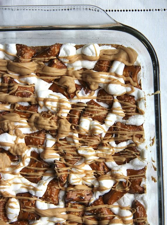 Peanut butter pretzel bars in a pan