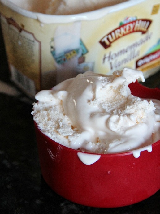 A scoop of melty vanilla ice cream