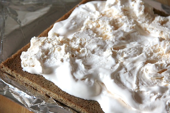 Slightly melted vanilla ice cream spread in a layer over blondies