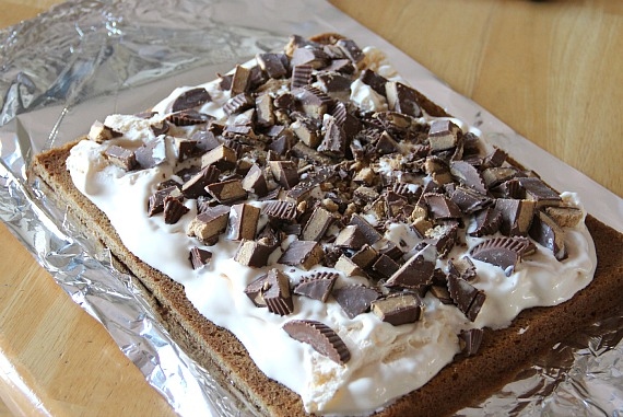 Chopped peanut butter cups spread over vanilla ice cream and blondies